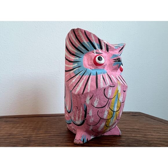 Quirky Hand Carved Owl Figurine Pink Folk Art 3.25" Trinket Small Gift Idea - Picture 2 of 8